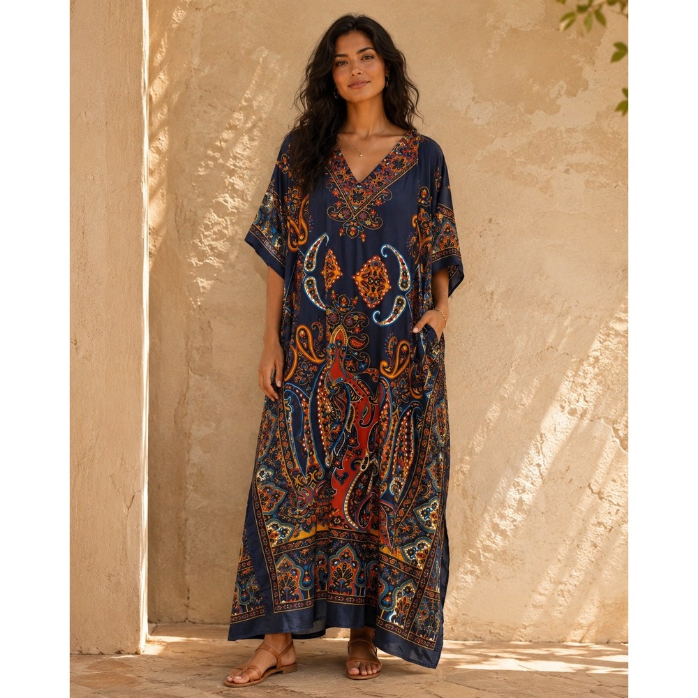 Miss Lavish London Navy Paisley Kaftan Maxi Dress V-Neck Boho Loungewear Large